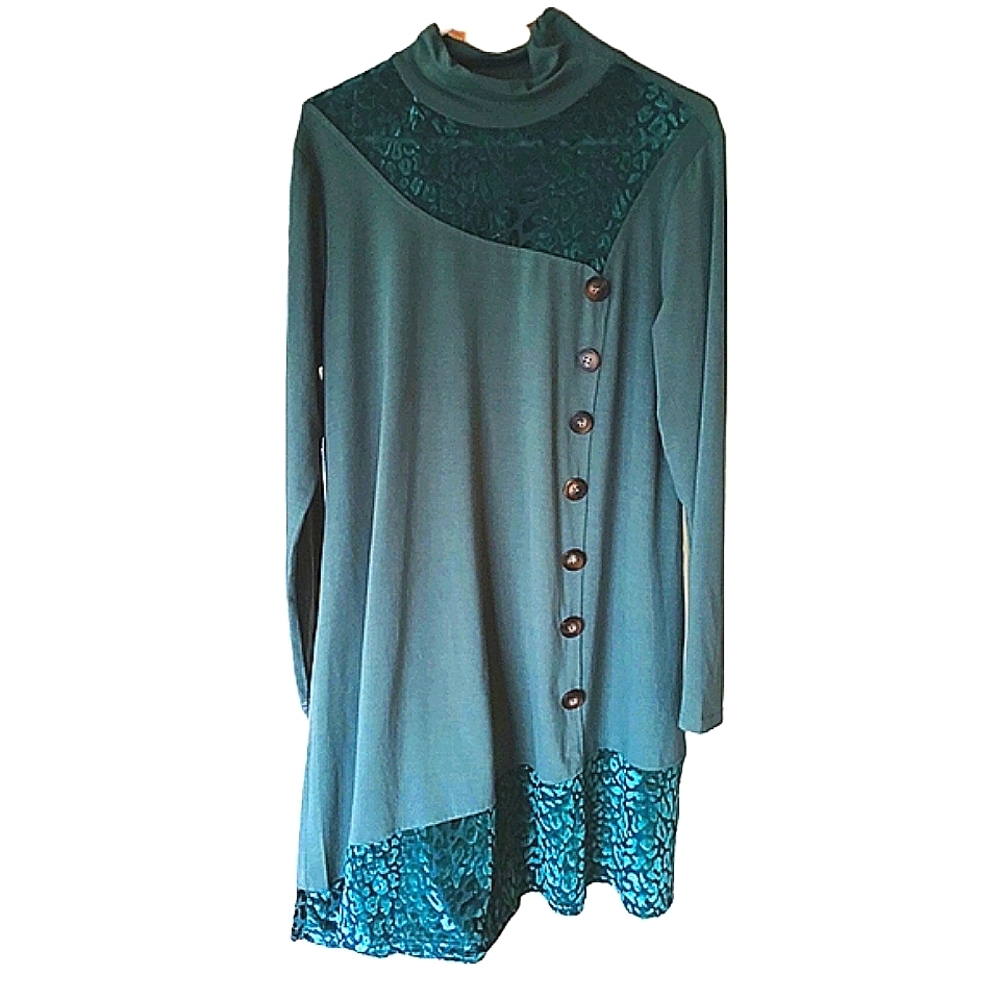 Tunic/Dress Teal Green Long Sleeve with Button Detail Cut velvet accents Size XL - Picture 2 of 6